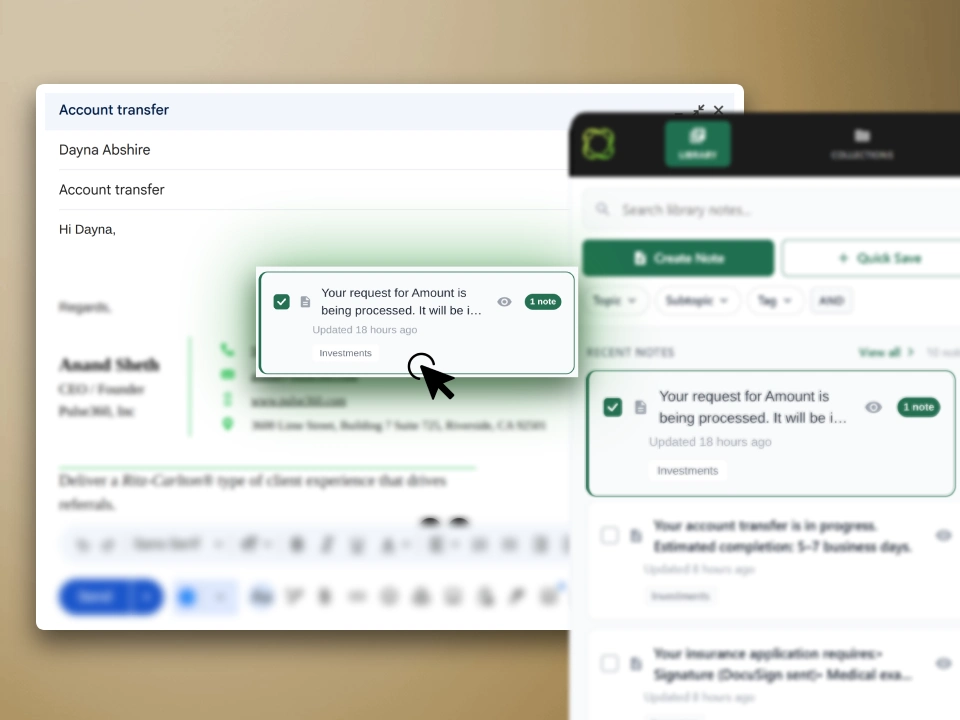 Pulse360 Library side panel inserting a text snippet into a Gmail compose window via drag and drop